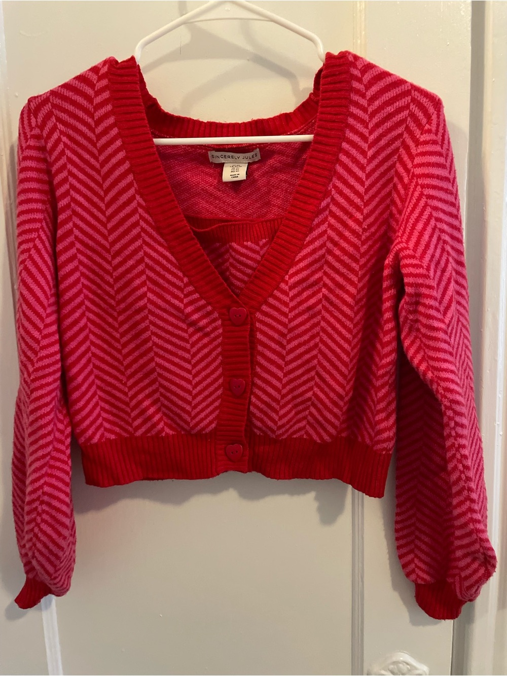 Sincerly Jules Hot Pink & Red Chevron V-Neck Cropped Cardigan